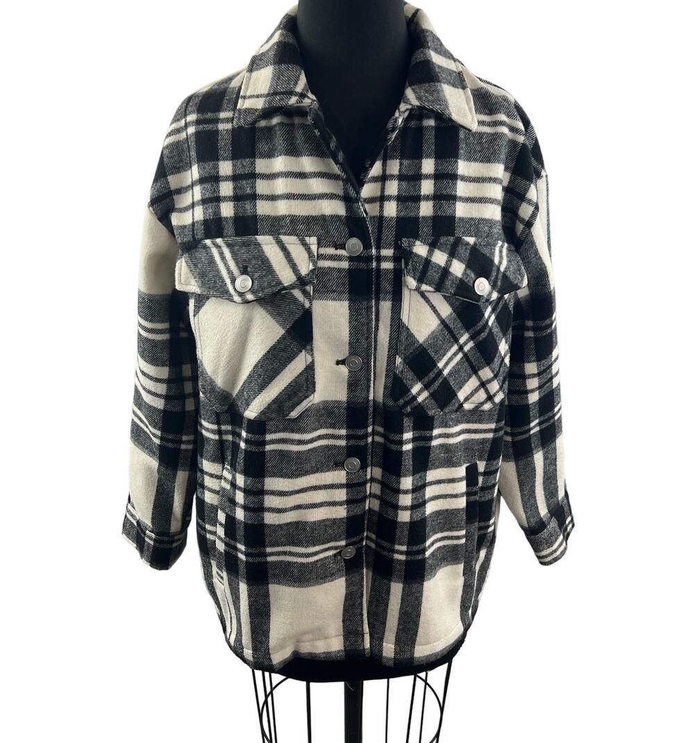 ZARA White Black Wool Blend Flannel Shacket Plaid Pockets Front Button Size XS